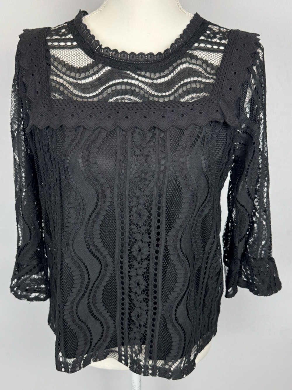 NWT Ellison Black Lace Bib Blouse Flare Sleeve Semi Sheer Medium Whimsigoth